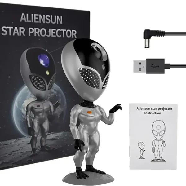 AlienSun stjärnprojektor med utomjordingfigur, USB-kabel och fjärrkontroll, perfekt för vetenskaplig dekoration och kosmisk atmosfär.