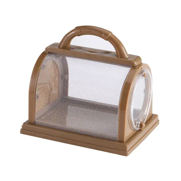 Laboratorielampa i beige plast med glasfönster och handtag, idealisk för att observera insekter eller små djur i en vetenskaplig miljö.