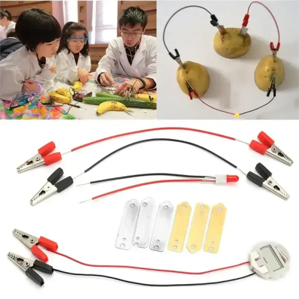Vetenskapligt experimentkit för studenter, inklusive kablar, klämmor och komponenter för elektriska och kemiska experiment.