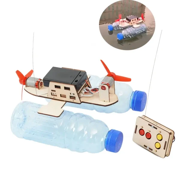 Hemmagjord vattenperiskop med motor, kontroller och plastflaskor, idealiskt för utbildningsprojekt och vetenskapliga experiment.