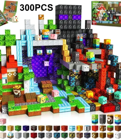 Minecraft-klosspussel med karaktärer och dekorationselement.