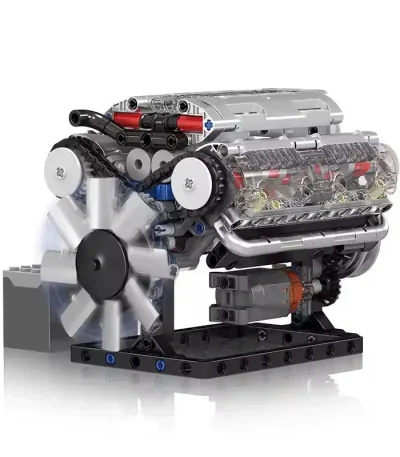 LEGO-modell av vetenskapsmotor med detaljerade delar, inklusive fläkt, kolvar och mekaniska komponenter, som illustrerar teknik och mekanik.