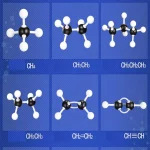 3D-molekylmodeller av olika organiska molekyler, som illustrerar kemisk struktur och atomplacering.