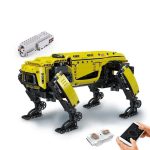 Vetenskaplig LEGO-robot med fjärrkontroll, sensorer och byggkomponenter.