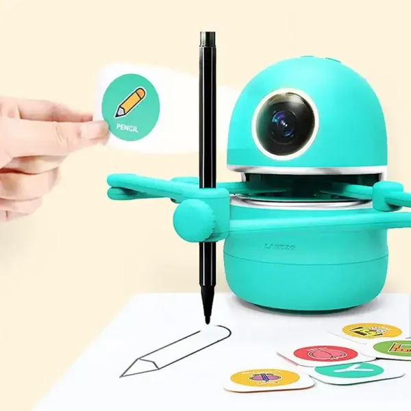 Utbildningsrobot i form av en pensel med kamera, designad för att uppmuntra kreativt och interaktivt lärande hos barn, med aktiviteter för ritning och igenkänning.