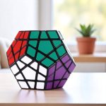 Färgglad geometrisk Rubik-kub, modern vetenskapsdekoration, på ett träbord med en växt i bakgrunden.