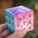 Utbildningskub med kemiska element som väte, kol och kväve, används för vetenskapligt lärande och dekoration.