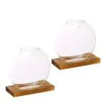 Transparent glasvas i sfärisk och cylindrisk form, placerad på en träbas, idealisk för vetenskaplig eller modern dekoration.