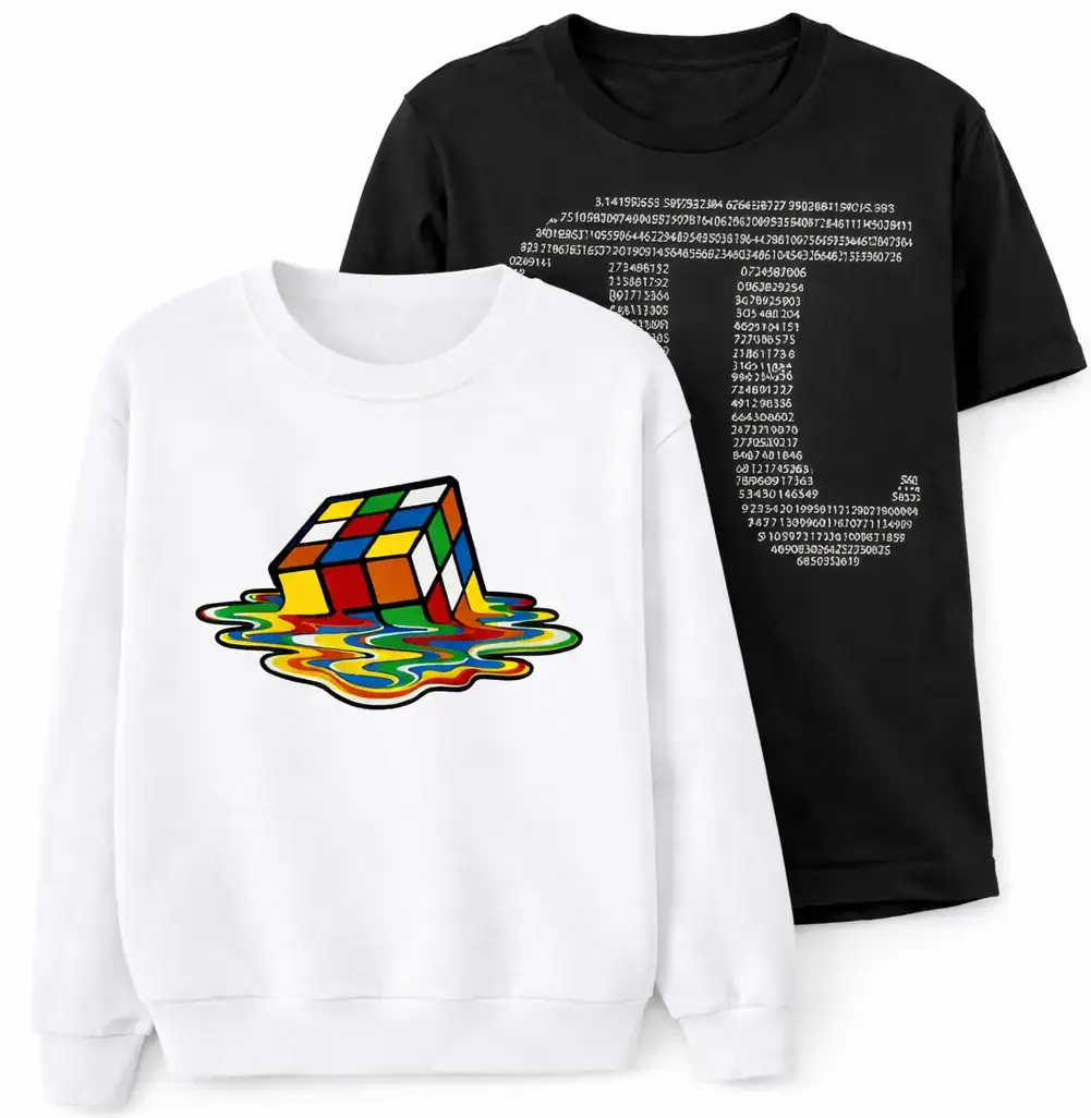 Vit sweatshirt med en färgglad Rubik's Cube och en svart sweatshirt med siffror och decimaler, perfekt för vetenskaps- och pusselentusiaster.