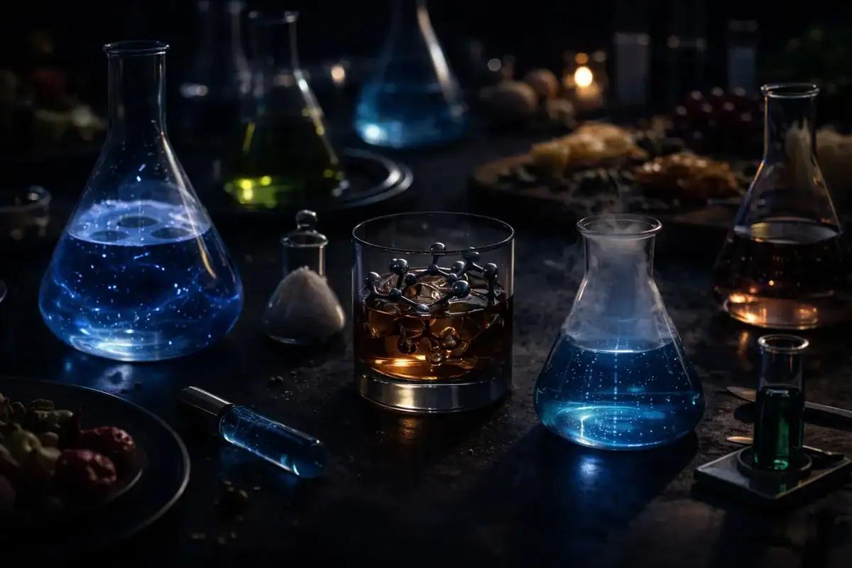 Vials och laboratorieflaskor som innehåller färgade vätskor, belysta i en mörk atmosfär, som väcker tankar om vetenskap och forskning.