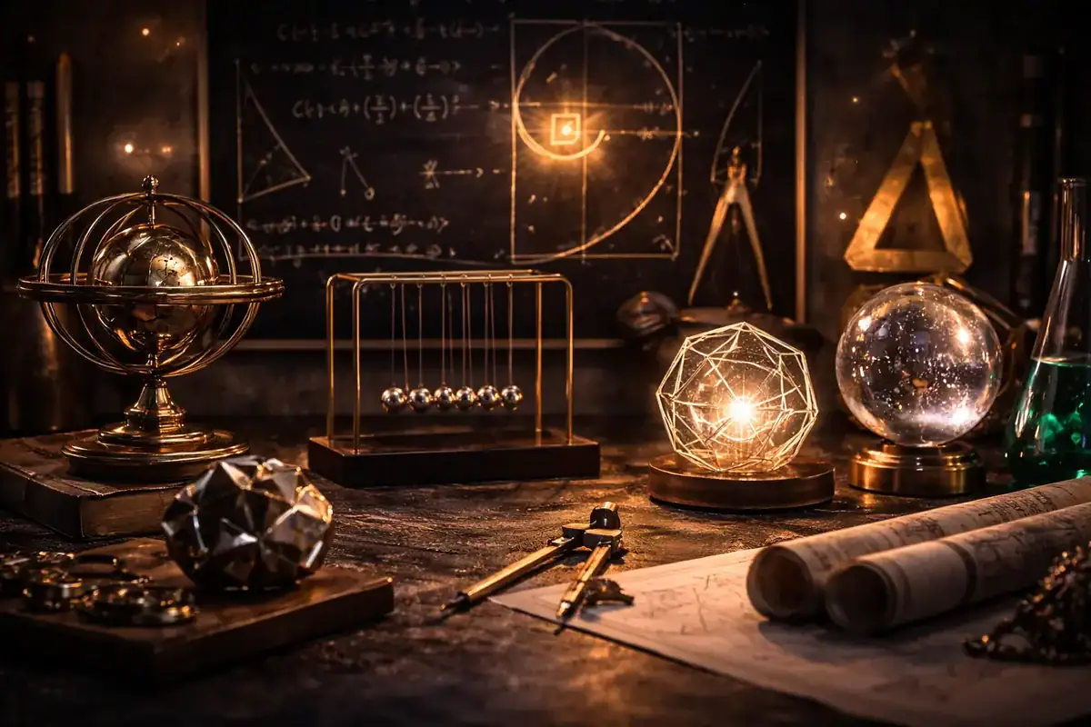 Samling av vetenskapliga föremål och laboratorieinstrument på ett träbord, med element som jordglob, geometrisk sfär, provrör och forskningsanteckningar, i en studieinredning.