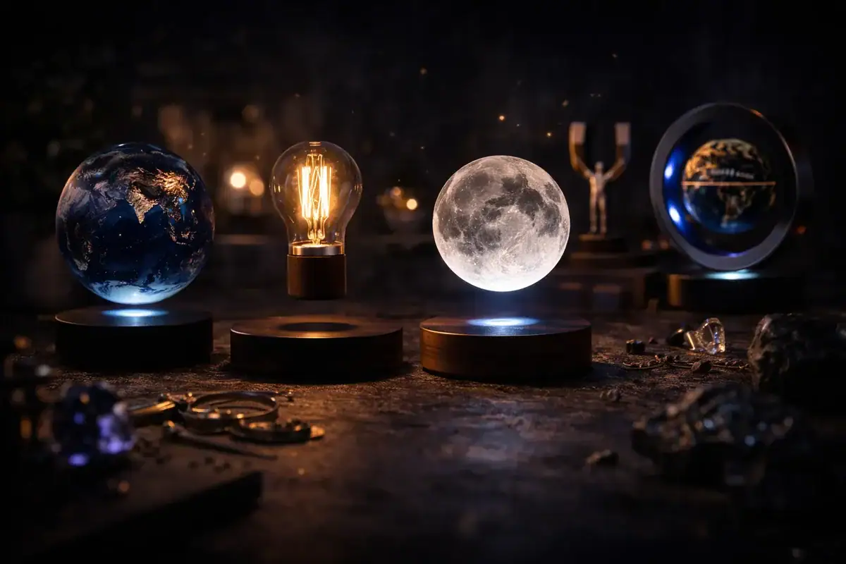Samling av vetenskapliga dekorationer inklusive en jordglob, en glödlampa, månen och en lysande glob, perfekta för utbildande eller tematiska dekorationer.