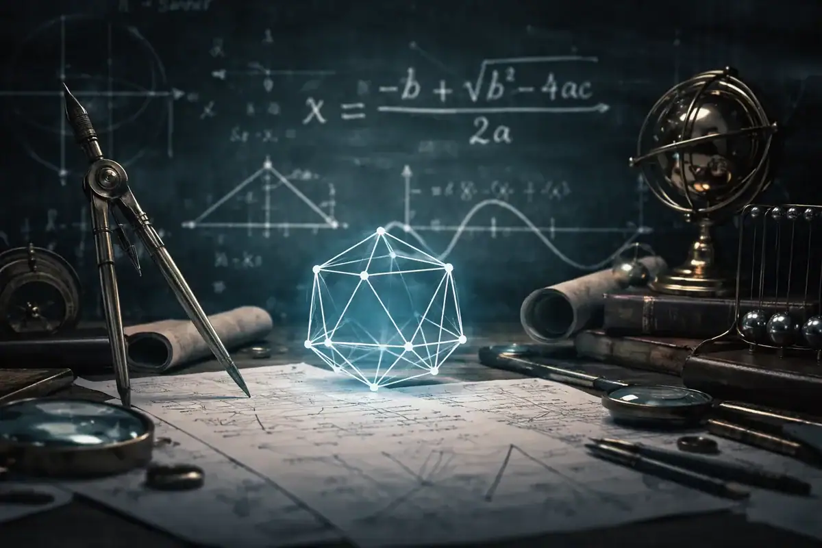Samling av dekorativa vetenskapliga föremål som inkluderar en lysande geometrisk modell, en jordglob, ritverktyg och matematiska ekvationer på en svart tavla.