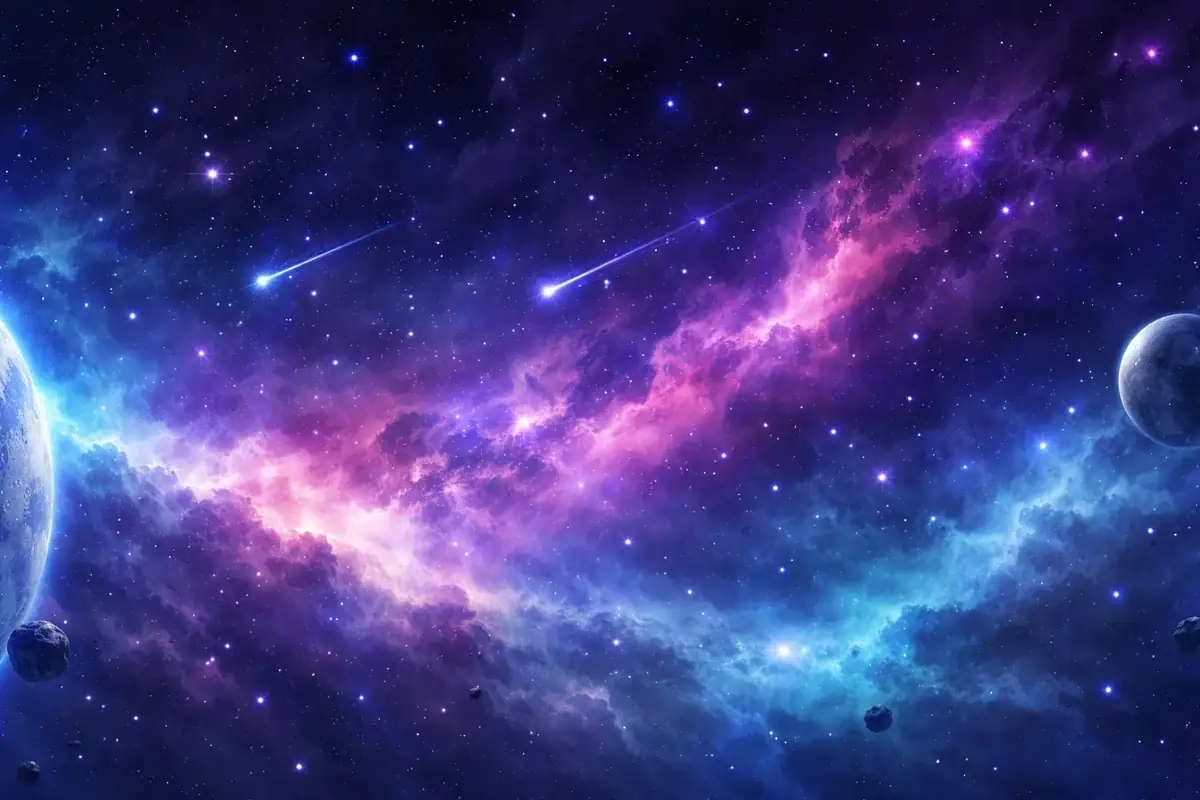 Färggalax med lysande meteoriter i en stjärnklar himmel, som representerar universum och kosmisk vetenskap.