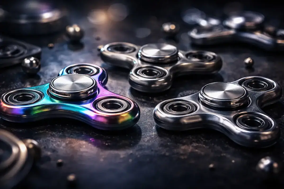 Fidget spinners i metall i färger och svart, avslappnings- och koncentrationsaccessoarer, placerade på en mörk yta med subtil belysning.
