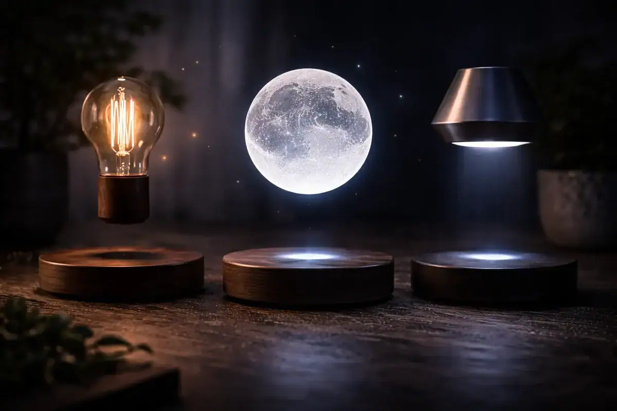 Glödlampa med filament, holografisk måne och modern skrivbordslampa.