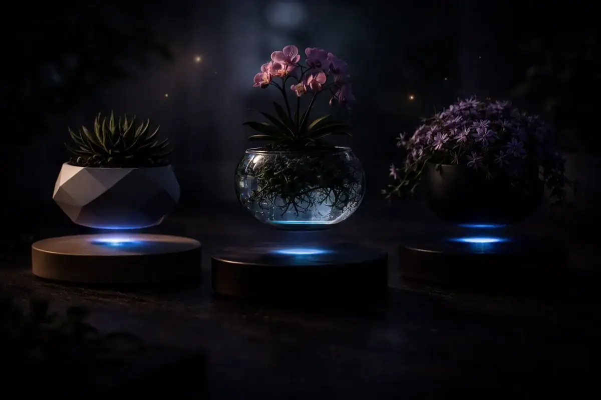 Dekorativa vaser med lysande växter och blommor som skapar en mystisk och elegant atmosfär. Perfekta för vetenskaplig eller modern inredning, de ger en unik touch till ditt hem.