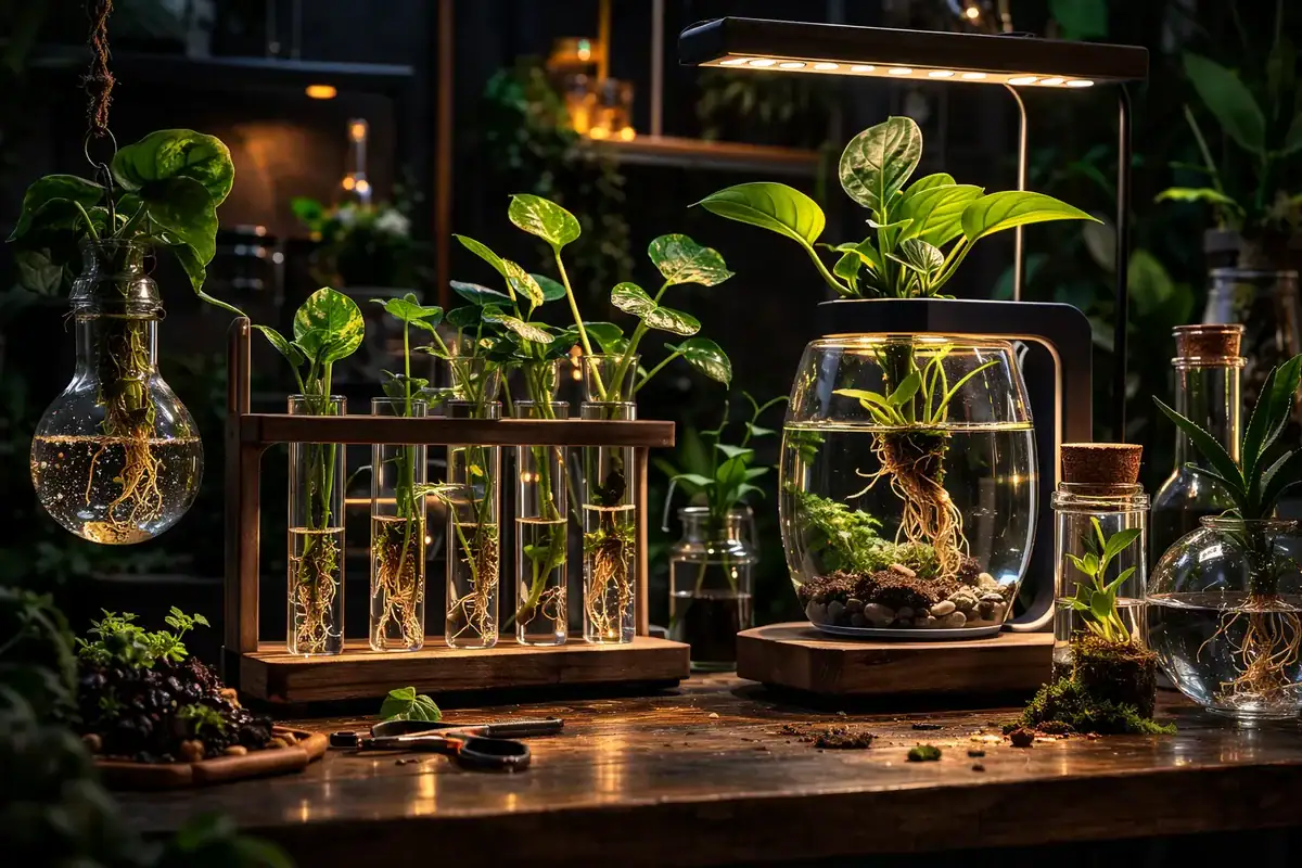 Samling av växter i terrarium och laboratorium, med olika glasbehållare och specialbelysning, som skapar en innovativ och dekorativ botanisk miljö.