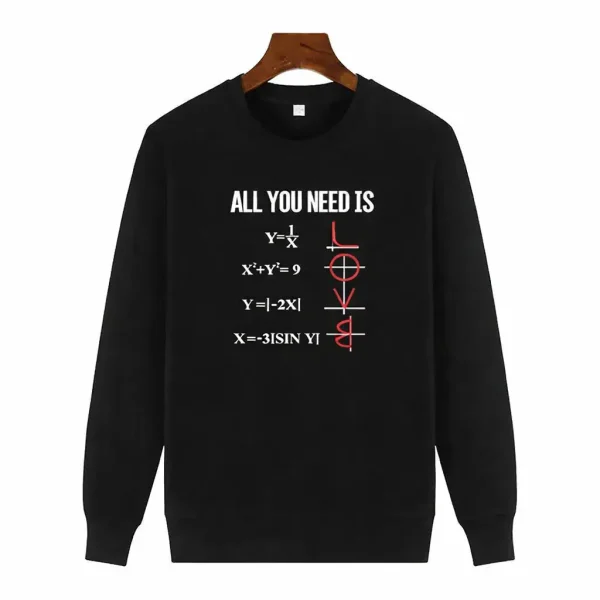 Algebra hoodie med matematiska formler och matematiksymbol i rött på svart sweatshirt.