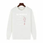 Vit sweatshirt med matematiska mönster och texten "All you need is love" i rött, perfekt för vetenskaps- och matematikentusiaster.