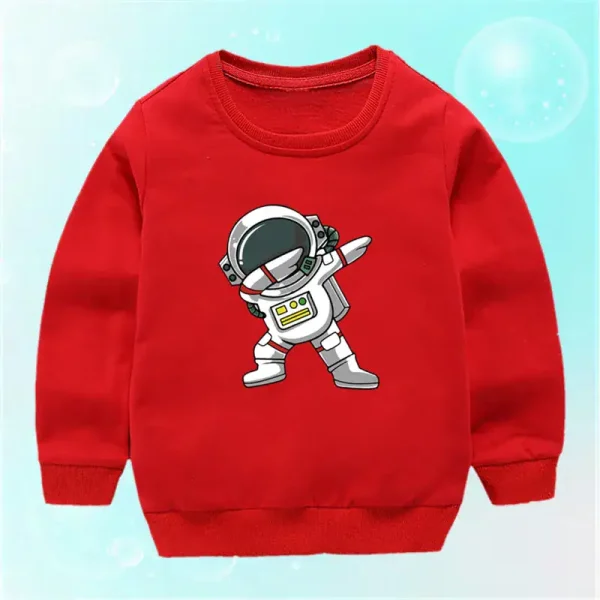 Röd sweatshirt för barn med mönster av astronaut i cartoon-stil, perfekt för rymd- och science fiction-entusiaster.