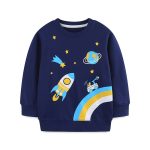 Barnkläder med rymdmotiv, raketer, planeter och regnbågar. Perfekt för små rymd- och astronomientusiaster.