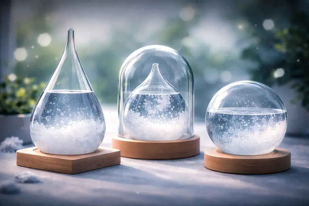 Laboratorieglasvaser som innehåller en lysande vätska, utställda på träplattor, i en naturlig och lugnande miljö, perfekta för vetenskaplig eller modern inredning.