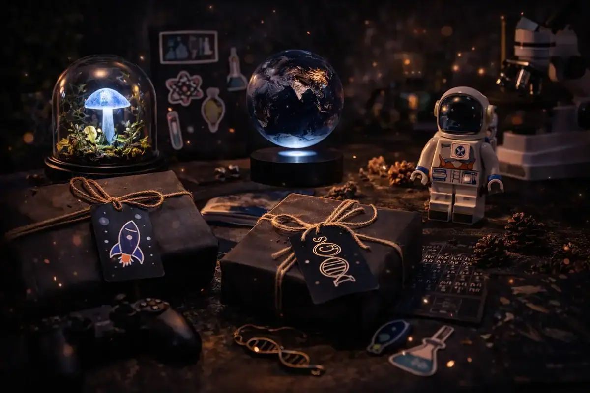 Samling av vetenskapliga föremål och dekoration, inklusive en upplyst jordglob, en glob, en astronautfigur och vetenskapsrelaterade tillbehör, perfekta för dekoration.