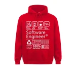 Röd huvtröja med geek-design "Software Engineer", idealisk för teknik- och datavetenskapsentusiaster, perfekt för en originell dekoration eller present.