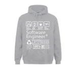 Grå huvtröja med mönster relaterade till mjukvaruingenjörskap, idealisk för teknik- och programmeringsentusiaster.