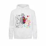 Vit hoodie med illustration av en hjärna, som kombinerar vetenskapliga och konstnärliga element, idealisk för vetenskaps- och konstentusiaster.