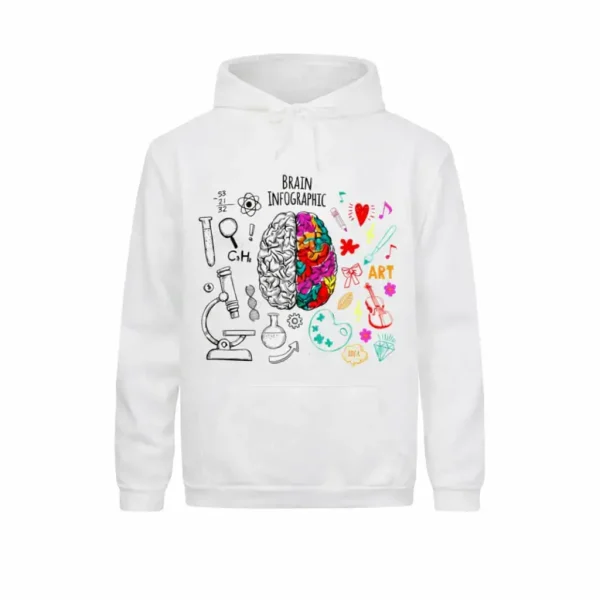 Vit hoodie med illustration av en hjärna, som kombinerar vetenskapliga och konstnärliga element, idealisk för vetenskaps- och konstentusiaster.