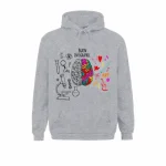 Hoodie med design av en färgglad hjärna och vetenskapliga element, perfekt för neurovetenskaps- och konstentusiaster.