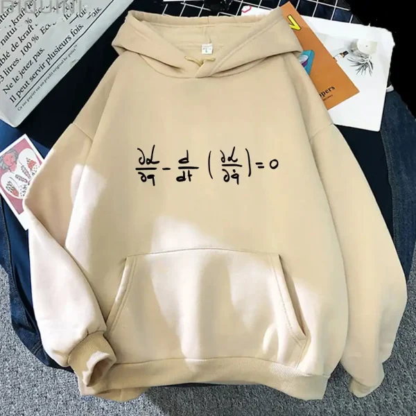 Beige hoodie med en svart tryckt matematisk ekvation i derivator i mitten, idealisk för vetenskaps- och matematikentusiaster.