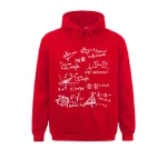 Röd hoodie med illustrationer av komplexa matematiska ekvationer i vitt, perfekt för vetenskaps- och matematikentusiaster.