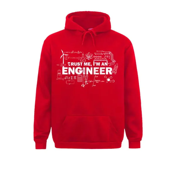 Kolla in denna röda hoodie med ett ingenjörsmönster och vetenskapliga symboler, perfekt för ingenjörs- och vetenskapsentusiaster.