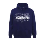 Mörkblå hoodie med sloganen "TRUST ME, I'M AN ENGINEER" och tekniska ritningar.