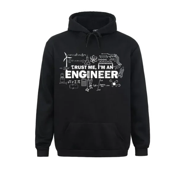 Svart hoodie med texten "Trust me, I'm an engineer" och tekniska illustrationer.