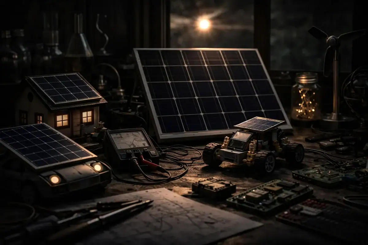 Solpanel och laboratorieelektronik i en vetenskaplig verkstad.