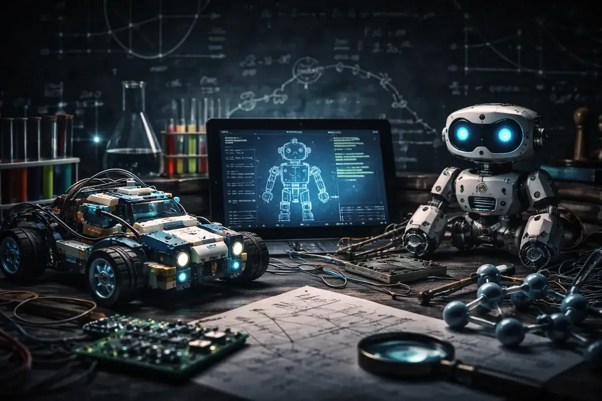 Robot och vetenskapsfordon, högteknologiskt laboratorium med dator och vetenskaplig utrustning.