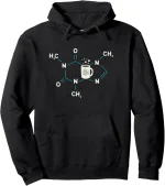 Svart hoodie med molekylärt mönster och kaffekopp, perfekt för vetenskaps- och kemiälskare, som förenar stil och vetenskaplig passion.