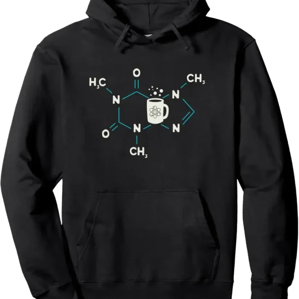 Svart hoodie med molekylärt mönster och kaffekopp, perfekt för vetenskaps- och kemiälskare, som förenar stil och vetenskaplig passion.