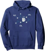 Blå fleece med molekylärt mönster och vetenskaplig mugg, idealisk för vetenskaps- och kemiälskare, som förenar stil och passion för forskning.