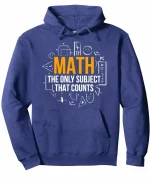 Blå hoodie med matematiskt mönster och slogan "Matte, det enda ämnet som räknas" för vetenskapsentusiaster. Perfekt för att visa din passion för matematik i vardagen.