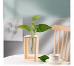 Trävas med en grön växt i en modern inredning, naturlig och elegant dekoration för hemmet eller kontoret.