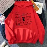 Röd hoodie med illustrationer av matematiska formler och en svart katt-silhuett i mitten, perfekt för vetenskaps- och avslappnad stilentusiaster.