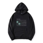 Svart hoodie med design av det periodiska systemet för kemiska element, idealisk för vetenskaps- och vetenskaplig inredning.