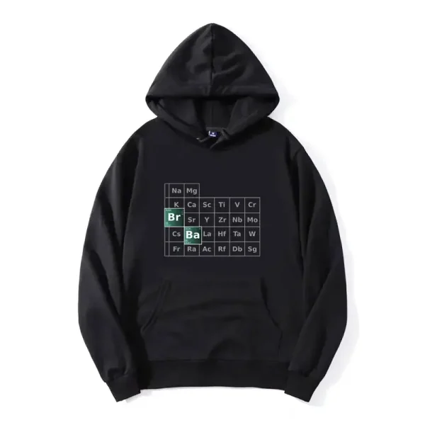 Svart hoodie med design av det periodiska systemet för kemiska element, idealisk för vetenskaps- och vetenskaplig inredning.