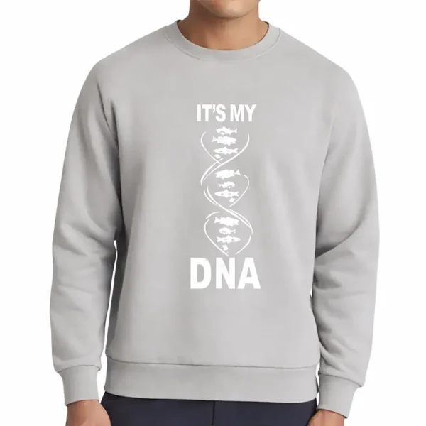 Grå sweatshirt med DNA-mönster och texten "It's my DNA" för vetenskaps- och genetikentusiaster.
