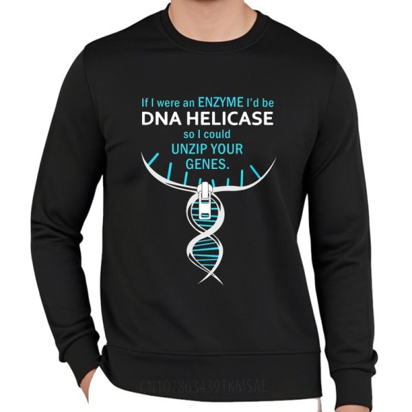 T-shirt med DNA-mönster och humoristiskt budskap om genetisk denaturering.